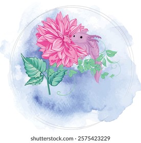 Axolotl Watercolor logo design with flower and blue watercolor stain vector