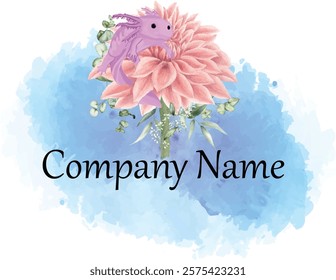 Axolotl Watercolor logo design with flower and blue watercolor stain vector