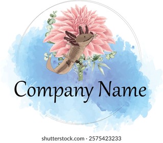 Axolotl Watercolor logo design with flower and blue watercolor stain vector