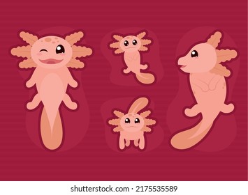 axolotls icon collection on red background
