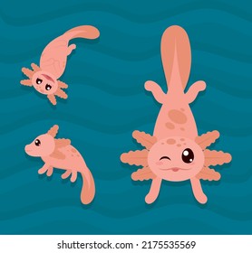 axolotls icon set on blue background