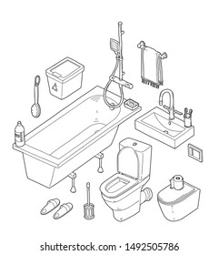 Axonometric bathroom stuff set. Vector illustration