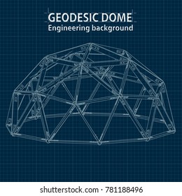 Axonometric drawing blueprint geodesic domes with lines of building. Vector.