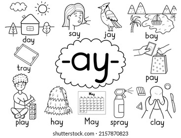 Ay digraph spelling rule black and white educational poster for kids with words. Learning -ay- phonics for school and preschool. Phonetic worksheet. Vector illustration