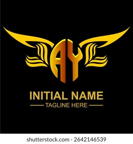 AY Golden Wing Emblem Logo with elegant gold wings, sleek and modern design. Ideal for branding, creative projects, luxury businesses, or artistic ventures.
