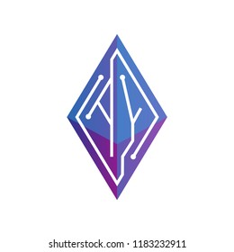 AY Initial letter block chain logo icon vector template. Looping mono line circuit letter on rhombus cube logo