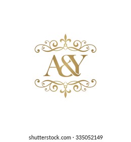 Logotipo inicial de A&Y. Oro adorno ampersand monogramo