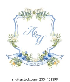 AY initial painted watercolor light blue crest, light green leaves with ribbon isolated on white background vector illustration.