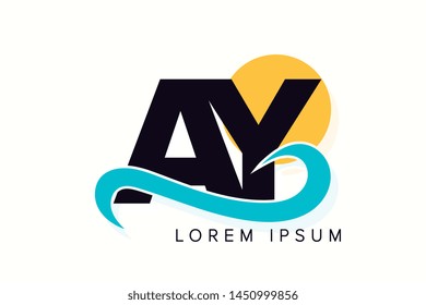AY letter logo with ocean waves and sunset. Beach concept design 
