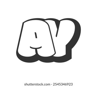 AY logo, bubble comic lettering, rounded in graffiti style black and white silhouette. Trendy preschool A and Y letter text for festival party, personal initials, children funky print and web. 