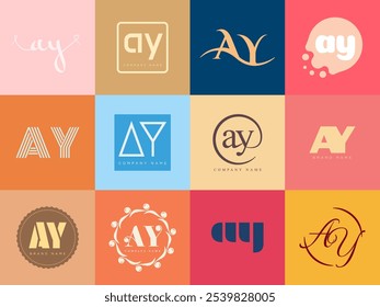 AY logo company template. Letter a and y logotype. Set different classic serif lettering and modern bold text with design elements. Initial font typography. Collection trendy business identity.