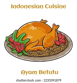 Ayam Betutu Indonesian food. Whole chicken filled with Balinese seasoning cassava leaves. Served with Sambal Matah and Roasted Peanuts.