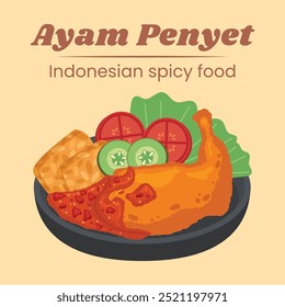 Ayam penyet Ilustración de diseño de Vector de comida picante indonesia