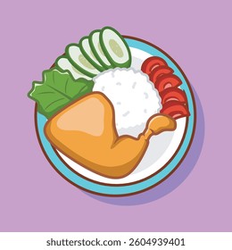 Ayam Penyet is a traditional Indonesian fried chicken with fresh vegetable and chili sauce. Food illustration cartoon.