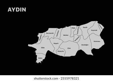 Aydin district map, isolated city map in turkey.