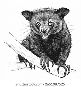 Aye-aye - Daubentonia madagascariensis.Penandink desenho de um társio filipino empoleirado em um ramo. Adequado para projetos com temas naturais, materiais educacionais e campanhas de conservação da vida selvagem.