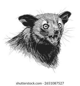 Aye-aye - Daubentonia madagascariensis.Penandink desenho de um társio filipino empoleirado em um ramo. Adequado para projetos com temas naturais, materiais educacionais e campanhas de conservação da vida selvagem.