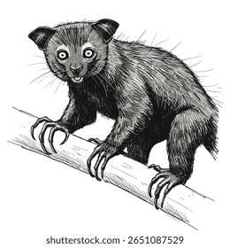 Aye-aye - Daubentonia madagascariensis.Penandink desenho de um társio filipino empoleirado em um ramo. Adequado para projetos com temas naturais, materiais educacionais e campanhas de conservação da vida selvagem.