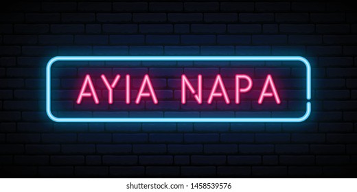 Ayia Napa neon sign. Bright light signboard. Vector banner.