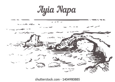 Ayia Napa skyline sketch. Ayia Napa, Cyprus hand drawn illustration isolated on white background.