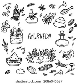 Ayurveda banner. Ayurvedic spa set with doodle outline illustrations of oils, herbs, pestle and mortar, massage stones, herbal massage balls, roots and herbal tincture. Vector ayurveda elements