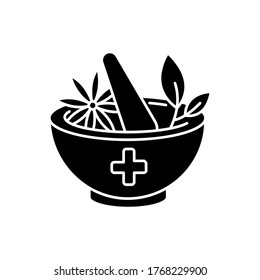 Ayurveda black glyph icon. Ayurvedic treatment. Alternative medicine. Indian traditional health care system. Medicinal herbs. Silhouette symbol on white space. Vector isolated illustration