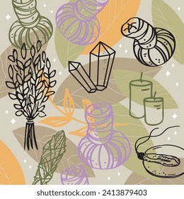 Cuidados del cuerpo ayurveda patrón aleatorio dibujado a mano velas de fondo vectorial, aceite de aroma, hierbas, cristales de incienso. Concepto texturizado ornamento masaje indio estilo de vida spa energía salud sistema hindú tradicional