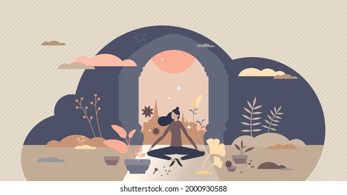 Ayurveda body healing and spiritual lifestyle for harmony tiny person concept. Alternative medicine and health treatment with yoga, mindfulness, meditation and relax exercises vector illustration.