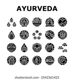 ayurveda dosha vata pitta icons set vector. kapha prakriti, panchakarma rasayana, sattva rajas, tamas, agni ama, ojas, dhatu ayurveda dosha vata pitta glyph pictogram Illustrations