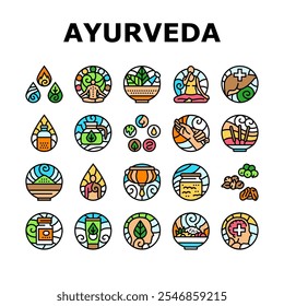 Iconos de Vector de conjunto de iconos Ayurveda Dosha Vata Pitta Kapha Prakriti, Panchakarma Rasayana, Satva Rajas, Tamas, Agni Ama, Ojas, Dhatu Ayurveda Dosha Vata Pitta Ilustraciones de línea de color