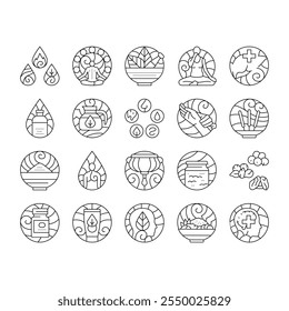 ayurveda dosha vata pitta icons set vector. kapha prakriti, panchakarma rasayana, sattva rajas, tamas, agni ama, ojas, dhatu ayurveda dosha vata pitta black contour illustrations