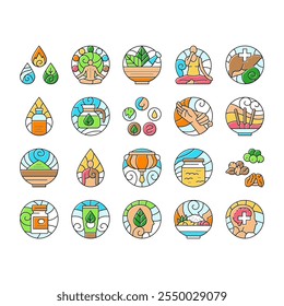 ayurveda dosha vata pitta icons set vector. kapha prakriti, panchakarma rasayana, sattva rajas, tamas, agni ama, ojas, dhatu ayurveda dosha vata pitta color line illustrations