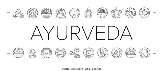 ayurveda dosha vata pitta icons set vector. kapha prakriti, panchakarma rasayana, sattva rajas, tamas, agni ama, ojas, dhatu ayurveda dosha vata pitta black contour illustrations