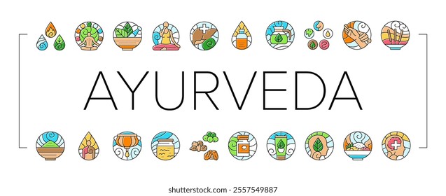 ayurveda dosha vata pitta icons set vector. kapha prakriti, panchakarma rasayana, sattva rajas, tamas, agni ama, ojas, dhatu ayurveda dosha vata pitta color line illustrations