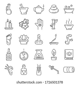 Ayurveda icons set. Outline set of ayurveda vector icons for web design isolated on white background