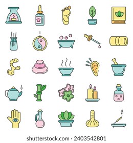 Ayurveda icons set. Outline set of ayurveda vector icons thin line color flat on white