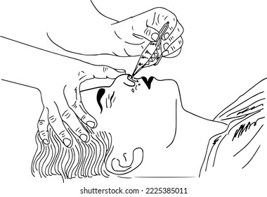 Ayurveda jal neti treatment vector and illustration sketch drawing, saline water nose cleaning in an Indian ayurvedic clinic, ayurveda clip art and symbol