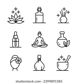 Ayurveda-Zeilensymbole gesetzt. Umrisse Piktogramm Vektorgrafik ayurvedische Sammlung mit Symbolen der gesunden alternativen Medizin.