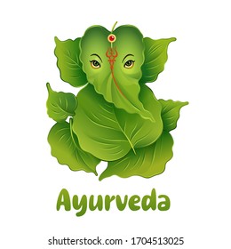 Ayurveda logo in the form of a green elephant from leaves in the Indian style. Vector iluustration