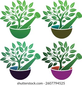 Ayurveda logo vector featuring herbal leaves and mortar pestle. Ideal for natural medicine, organic products, herbal branding, wellness centers, and eco-friendly designs