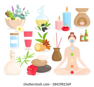 Ayurveda medicine cartoon set, ayurvedic collection with body care items, natural herbs, flowers