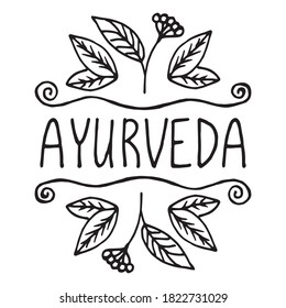Produktetikett Ayurveda. Geeignet für Verpackung, Webdesign, Werbeprodukte. Handgezeichnetes, schwarz-weißes lineares Muster. Schreiben. Indische traditionelle Medizin. Ayurveda