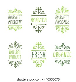 Ayurveda product labels. Suitable for ads, signboards, packaging and identity and web designs. Ayurvedic medicine, Ayurveda, Ayurvedic massage. Natural product. Fresh. Organic.