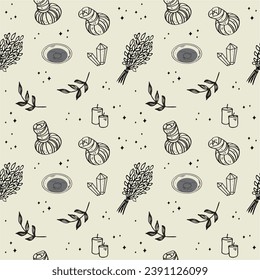 Ayurveda seamless pattern hand drawn vector repeating background. Ornament with candles, aroma oil, herbs,incense. Concept Indian massage, body care, lifestyle, energy health, traditional Hindu system