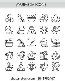 Ayurveda thin line icons set. Outline pictogram vector illustration, aroma therapy, ayurvedic collection with symbols of healthy alternative medicine, acupuncture and acupressure