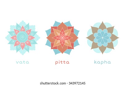 Ayurveda three doshas icons, mandalas. Vata, pitta and kapha doshas. Ayurvedic body types. Vector illustration