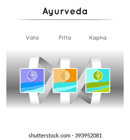 Ayurveda vector illustration. Ayurvedic elements. Ayurvedic doshas vata, pitta, kapha.  Ayurvedic body types. Infographic with flat icons. Ayurvedic symbols in linear style. Alternative medicine.