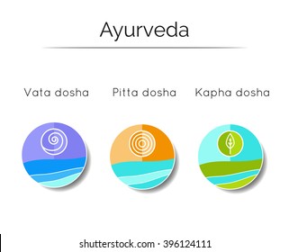 Ayurveda vector illustration. Ayurveda doshas vata, pitta, kapha. Ayurvedic body types and symbols in linear style. Alternative medicine. Infographic with flat icons. Indian medicine. Holistic system.