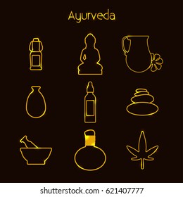 Ayurveda Vector illustration Icons set of Ayurvedic symbols, objects and tools in gold color Thin line