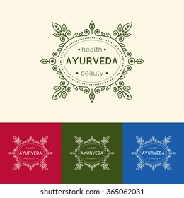 Ilustración portadora ayurveda. Plantilla de logotipo para clínica o centro ayurvédico. Monograma con adorno floral para SPA, estudio de yoga, salón de belleza. Diseño de afiches con elementos caligráficos y texto.